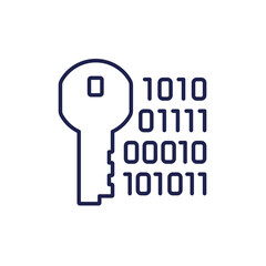 encryption icon, key and binary code, line vector