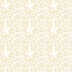 Modern white on cream lace effect wedding background texture. Soft tonal linen openwork block print with subtle hand drawn lattice damask printed fabric backdrop. 