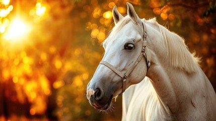 A white horse with a brown bridle is standing in a field with trees in the background. The sun is shining brightly, casting a warm glow on the horse and the surrounding area. The scene is peaceful