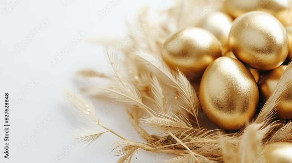 Poster a bunch of gold colored eggs are sitting on a white background. the eggs are arranged in a way that 