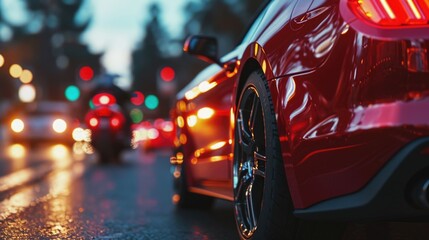 A red car is parked on a wet road with a blurry background. The car is the main focus of the image, and it is a sports car - Powered by Adobe