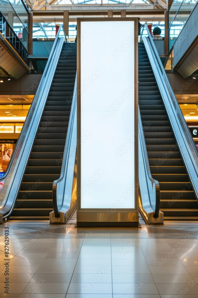 Poster a white sign is in the middle of two escalators. the escalators are empty and the sign is the only t