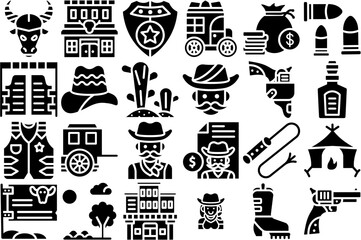Set Of Linear Cowboy Elements Vector Symbols Apps, Websites Ui Designs Suitable For Wild,Cowboy,Weapon,Building,West Pictograms And Infographics Design Elements Vector Illustration