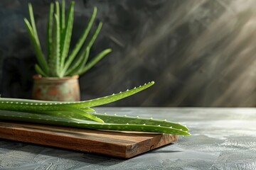 A potted aloe plant sits on a wooden cutting board. The plant is green and has a spiky appearance. The cutting board is made of wood and is placed on a grey surface. Concept of natural beauty