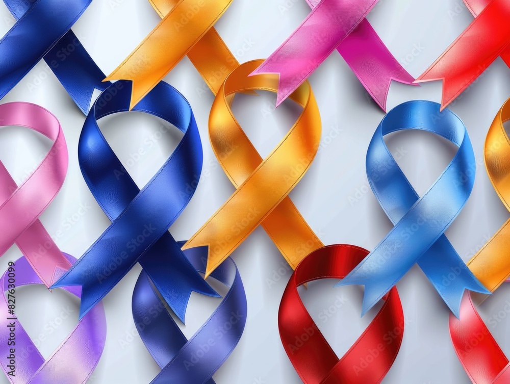 Poster a collection of ribbons in various colors and patterns, each with a different meaning. the ribbons a
