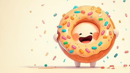 A cartoon rendering of a cartoon character White Tooth holding a large chocolate glazed donut with colorful sprinkles against a white backdrop comes to life