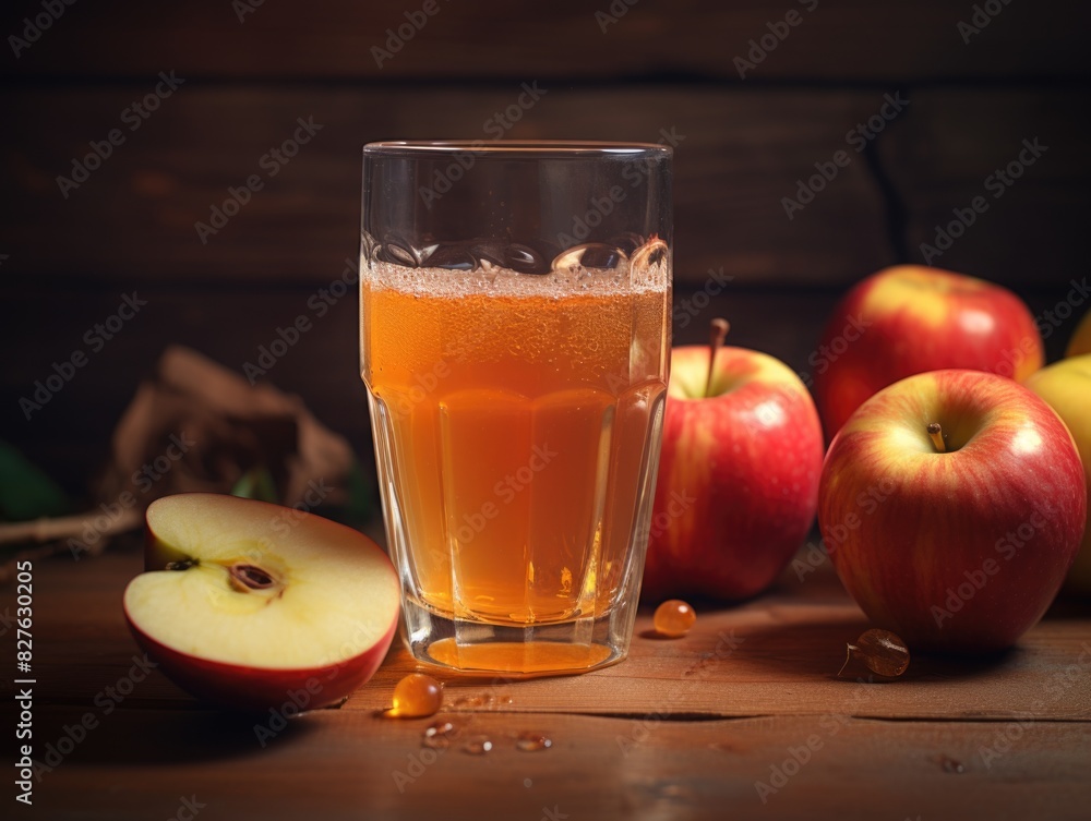 Poster a glass of apple juice is on a table with a few apples. the apples are sliced and arranged in a way 