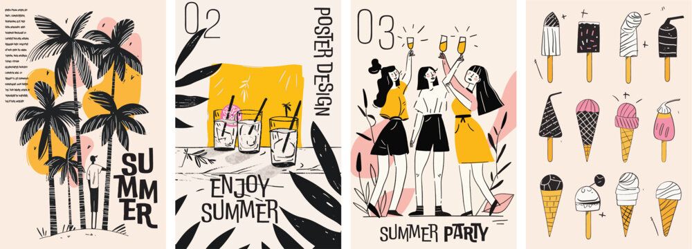 Collection of minimal summer poster cover designs. Summer vacation background