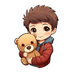 Obraz premium Vector illustration of a cute boy hugging a teddy bear, perfect for children's themes and adorable designs.