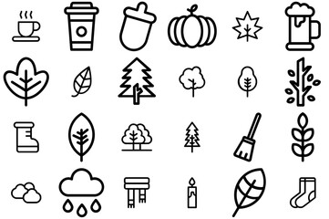 Set Of Autumn Outline Isolated Silhouette Solid Icons With Thanksgiving,Tree,Leaves,Autumn,Leaf Vector Illustration Linear Pictogram Pack