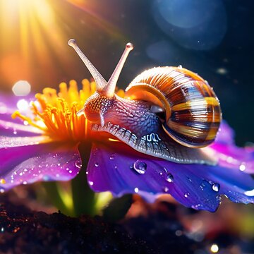 Slow-moving snail crawls on wet ground, its spiral shell glistening in macro close-up