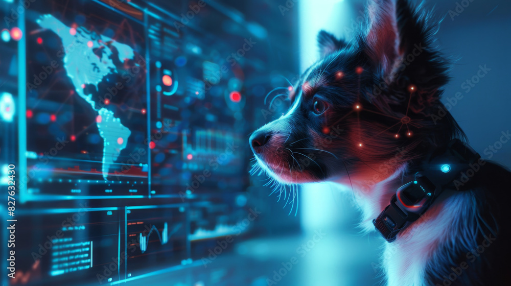 Poster a dog wearing a smart collar intently looks at a high-tech screen displaying data and world maps in 
