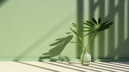 A vase with a plant in it sits on a table in front of a green wall. The plant casts a shadow on the wall, creating a sense of depth and dimension. The vase itself is clear