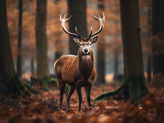 Autumn forest hosts a majestic, powerful adult male red deer stag