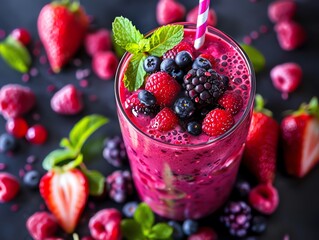 Healthy drinks, Fresh berry smoothie with mint garnish and straw.