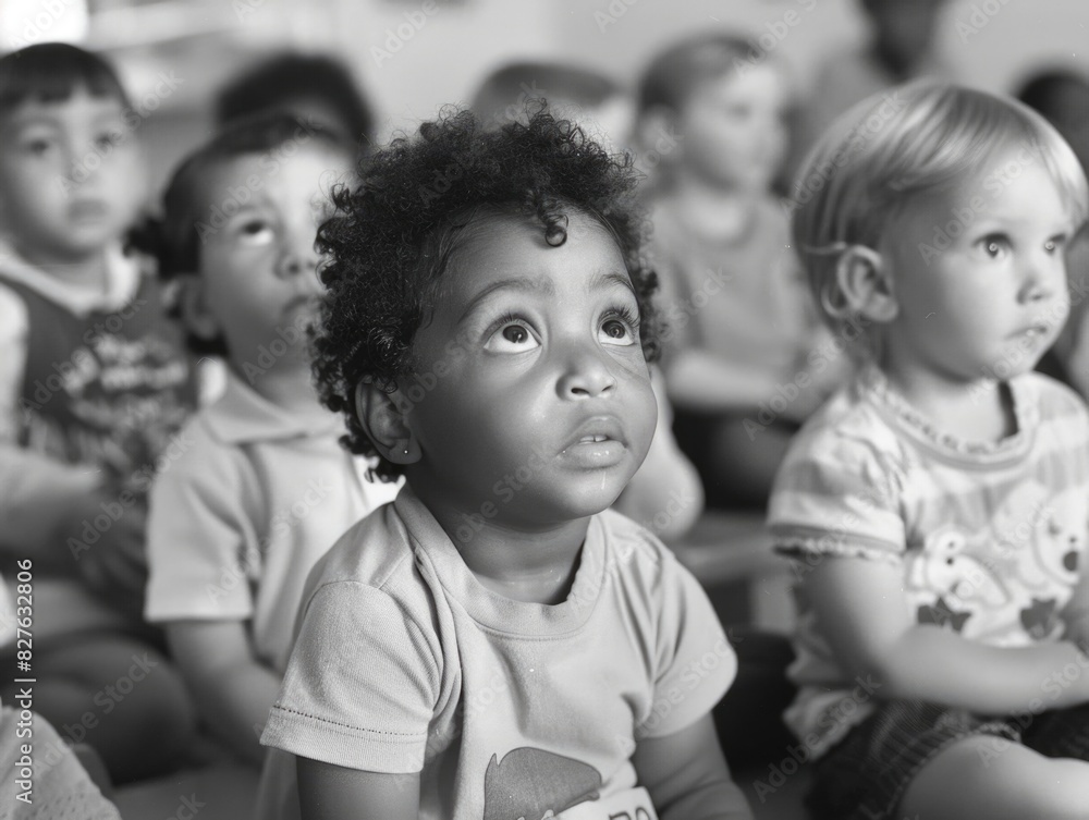 Poster a group of children are sitting in a circle and looking at something. the children are of different 