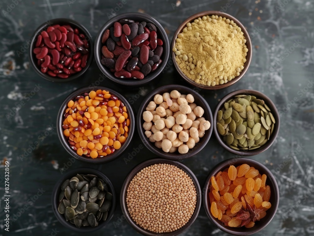 Poster a variety of different colored beans and nuts are displayed in bowls. the bowls are arranged in a ro