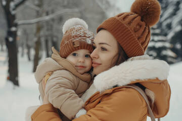 A woman is holding a baby in a park. The baby is wearing a hat and a scarf. The scene is set in a snowy park