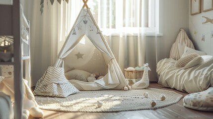 A child's bedroom with a white tent and a stuffed giraffe. The room is decorated with white and brown colors, and there are several toys scattered around. Scene is playful and cozy