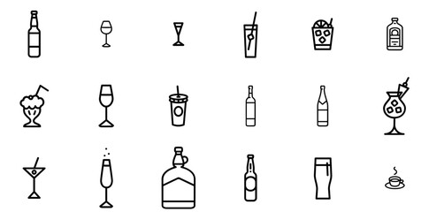 Mega Set Of Vector To Drink Icons Silhouette Vector Logo Design Containing Alcohol,Booze,Wine,Drink,Cocktail Outline Icons Collection. Simple Vector Illustration