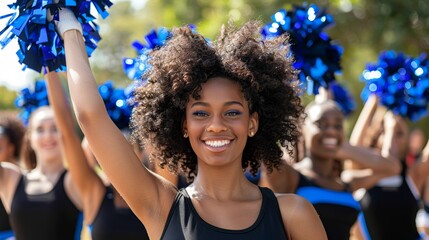 Outdoor cheerleaders celebrate, smile, and win with enjoyment, excitement, and collaboration. Female, male, and group cheering, grass field or chanting for fitness, support, and incentive