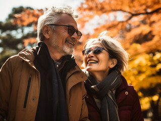 A middle-aged couple relishes each other's company on a sunny autumn day in Tokyo