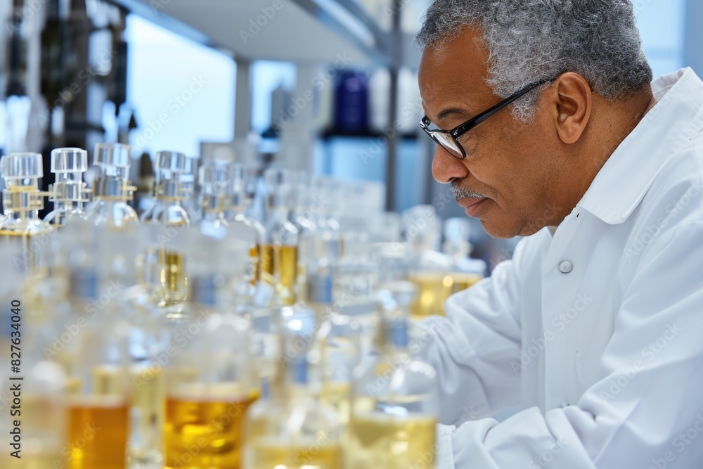 Aufkleber a man in a lab coat is looking at a row of bottles. the bottles are filled with different colored li