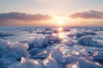 A beautiful sunset over a body of water with ice and snow. The sun is setting and the sky is filled with clouds. The water is frozen and the ice is scattered throughout the scene - Powered by Adobe