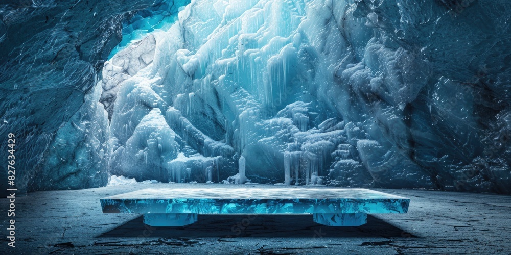 Poster a blue and white image of a frozen landscape with a large ice block. the ice block is surrounded by 