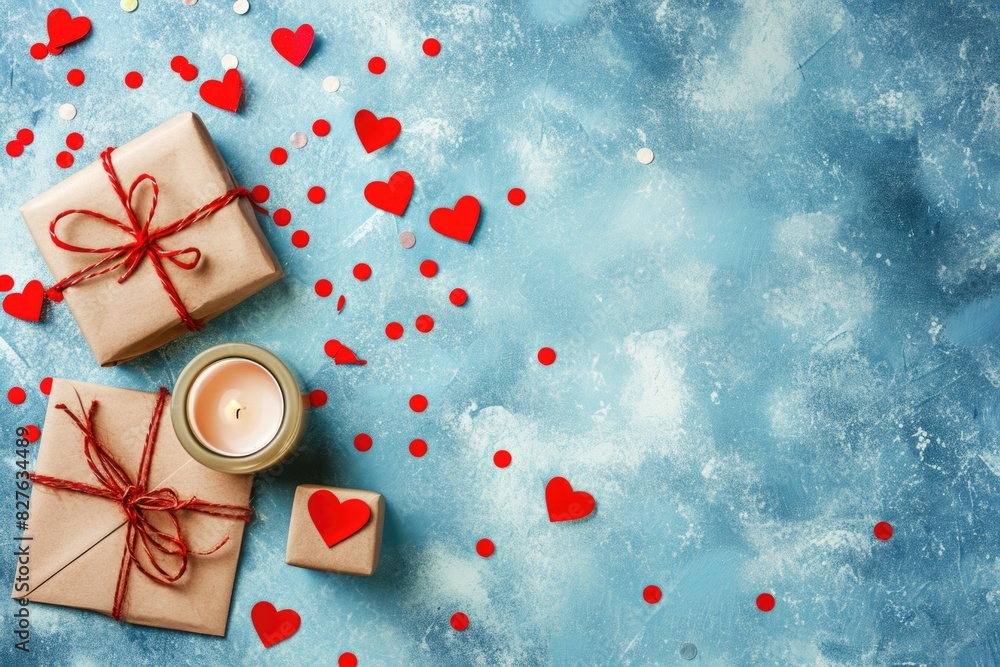 Poster a blue background with a box of presents and a candle on it. the candle is lit and the box is wrappe