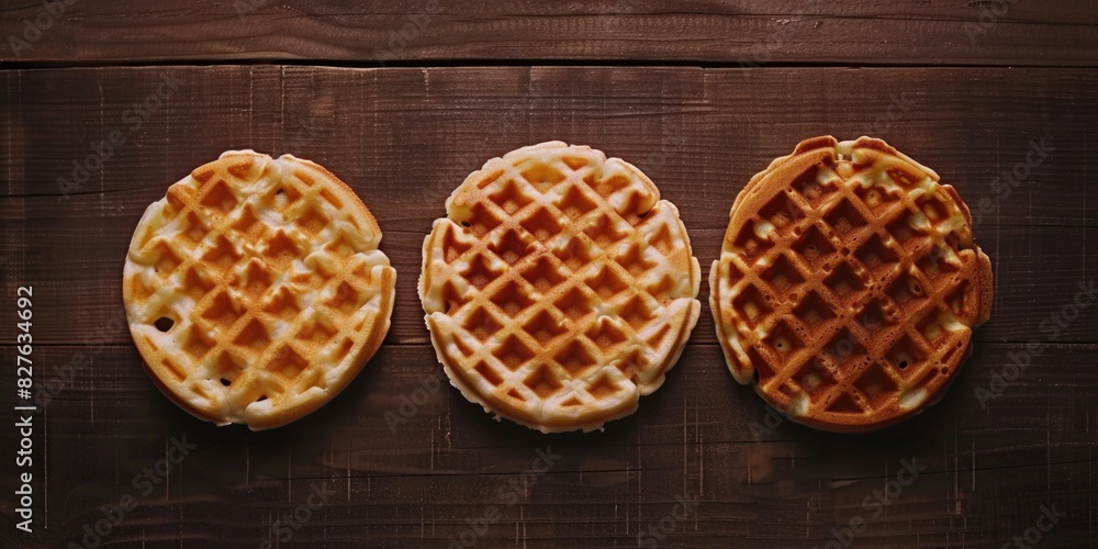 Poster three waffles are on a wooden table. the waffles are different sizes and have different levels of br