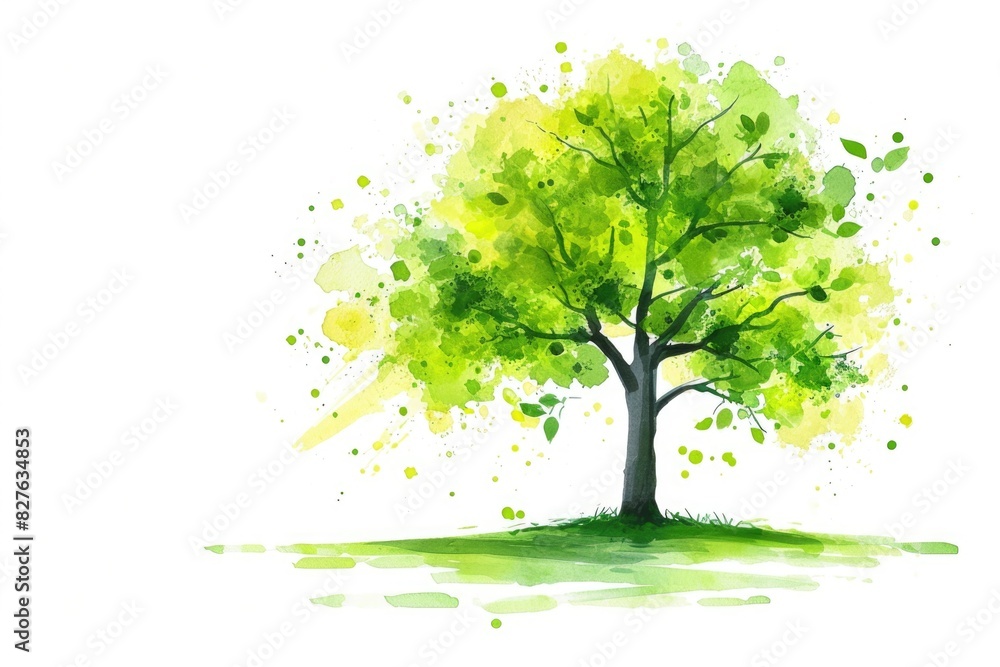 Poster a tree with green leaves is the main focus of the image. the tree is surrounded by a grassy area, an