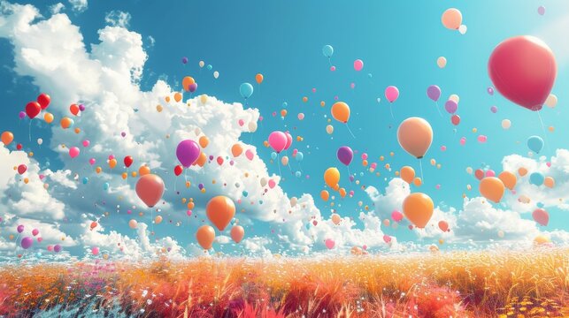 A colorful balloon festival depicted in a minimalist digital artwork, with dozens of balloons filling the sky. The simplicity of the field and sky allows the focus to remain on the vibrant display of