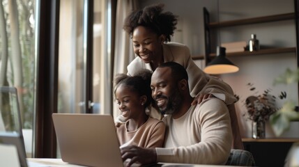 Tutoring and digital information at home table with elearning, laptop, and family. Father, mother, and child watch amusing virtual class on e-learning website.