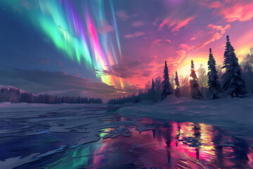 winter sunset in the mountains, generative ai