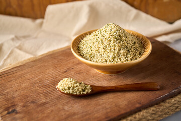 Bowl with healthy hemp seeds, healthy organic superfood.