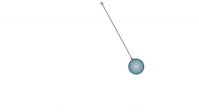 Pendulum movement animation. Slowing to a stop. Friction motion. Physics, psychology footage. Swinging gray metal ball. Forces, mass bob, gravity and tension in the chain string. Science video