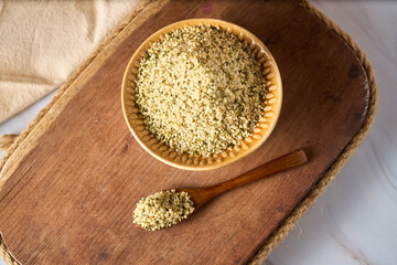Bowl with healthy hemp seeds, healthy organic superfood.