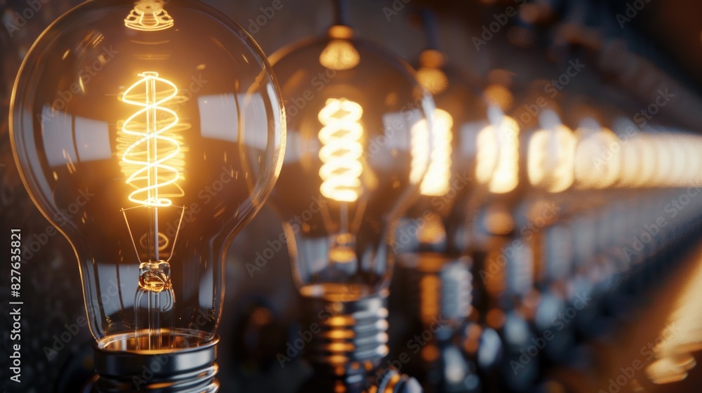 Poster a row of light bulbs with a yellow glow. the bulbs are all different sizes and are arranged in a lin