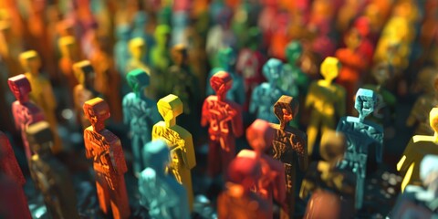Obraz premium A group of colorful figures are lined up in a row. The figures are all different colors and sizes, and they are all facing the same direction. The scene is bright and cheerful