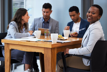 Office, business and colleagues in portrait for lunch, breakfast and beverage or tea break. Workplace, cafeteria and food for corporate people, men and women with conversation or catch up on table - Powered by Adobe