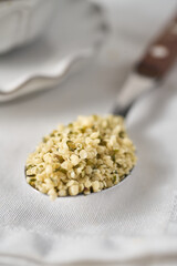 Bowl with healthy hemp seeds, healthy organic superfood.