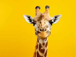 Obraz premium Against a vibrant yellow backdrop, a giraffe's image allows ample space for accompanying text