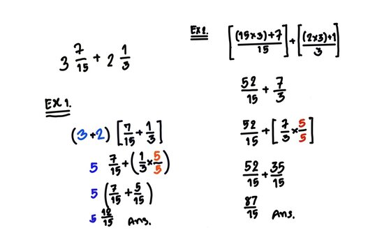 Handwritten font of Mathematical calculation to demonstrate how to calculate numbers for solution of math problems. Illustration for education. Concept Math teaching. Calculate fraction lesson.