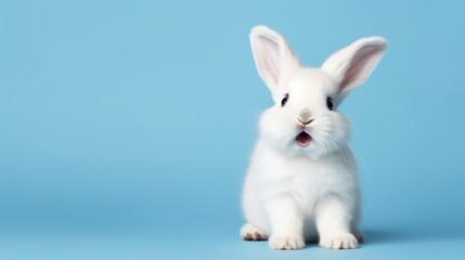 Obraz premium cute animal pet rabbit or bunny white color smiling and laughing isolated with copy space for easter background, rabbit, animal, pet, cute, fur, ear, mammal, background, celebration, generate by AI