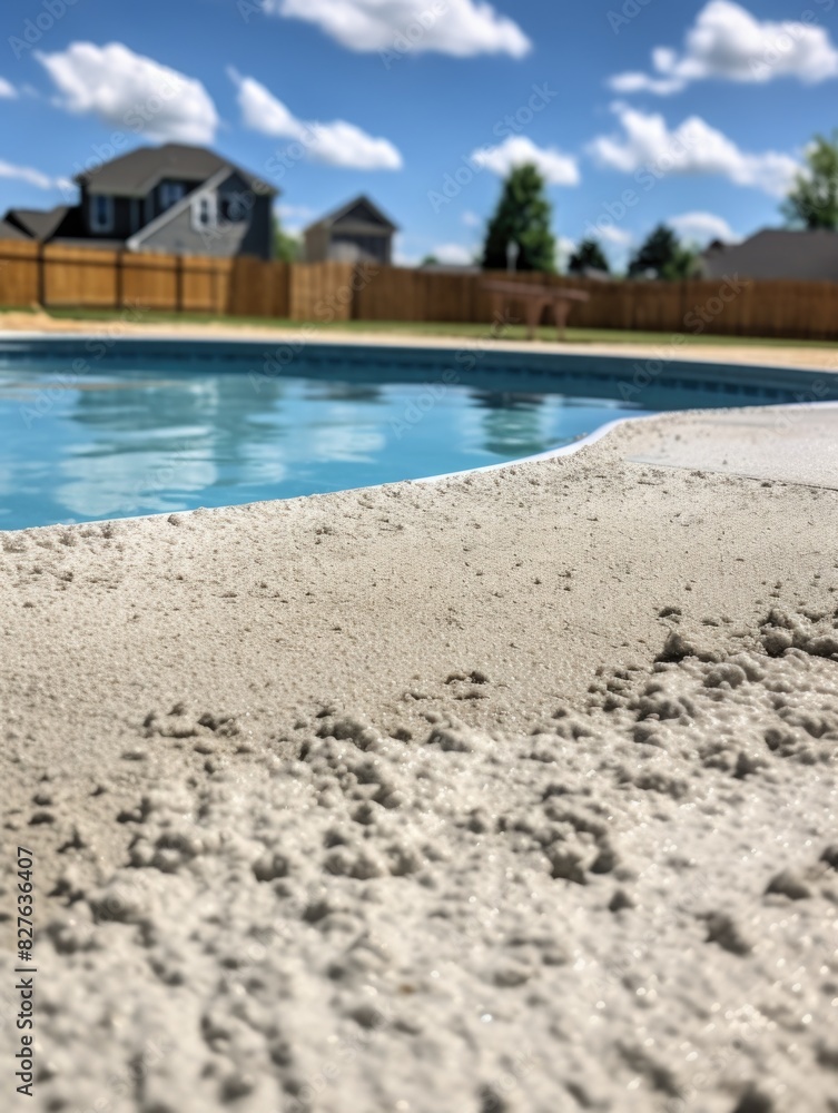 Poster a pool with a white border and a sandy area around it. the pool is surrounded by a fence and a house