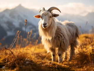 Obraz premium In the mountainous autumn landscape, a goat peacefully grazes on pasture