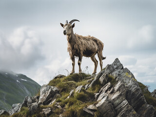 Obraz premium Surveying the UK landscape, a goat stands tall on a mountain's summit