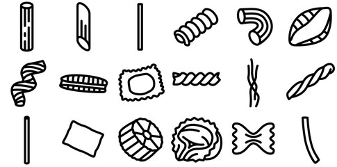 Set Of Linear Pasta Vector Symbols Apps, Websites Ui Designs Suitable For Food,Shape,Italy,Pasta,Shapes Outline Icons Collection. Simple Vector Illustration