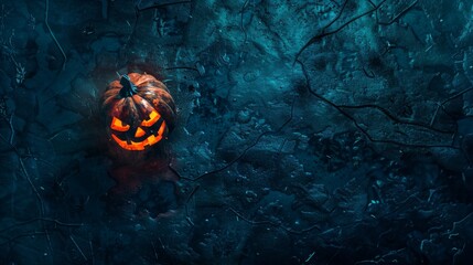 Glowing jack-o-lantern on a dark textured background. Halloween pumpkin with a scary expression. Concept of Halloween, spooky decoration, eerie night, festive October. Banner. Copy space - Powered by Adobe